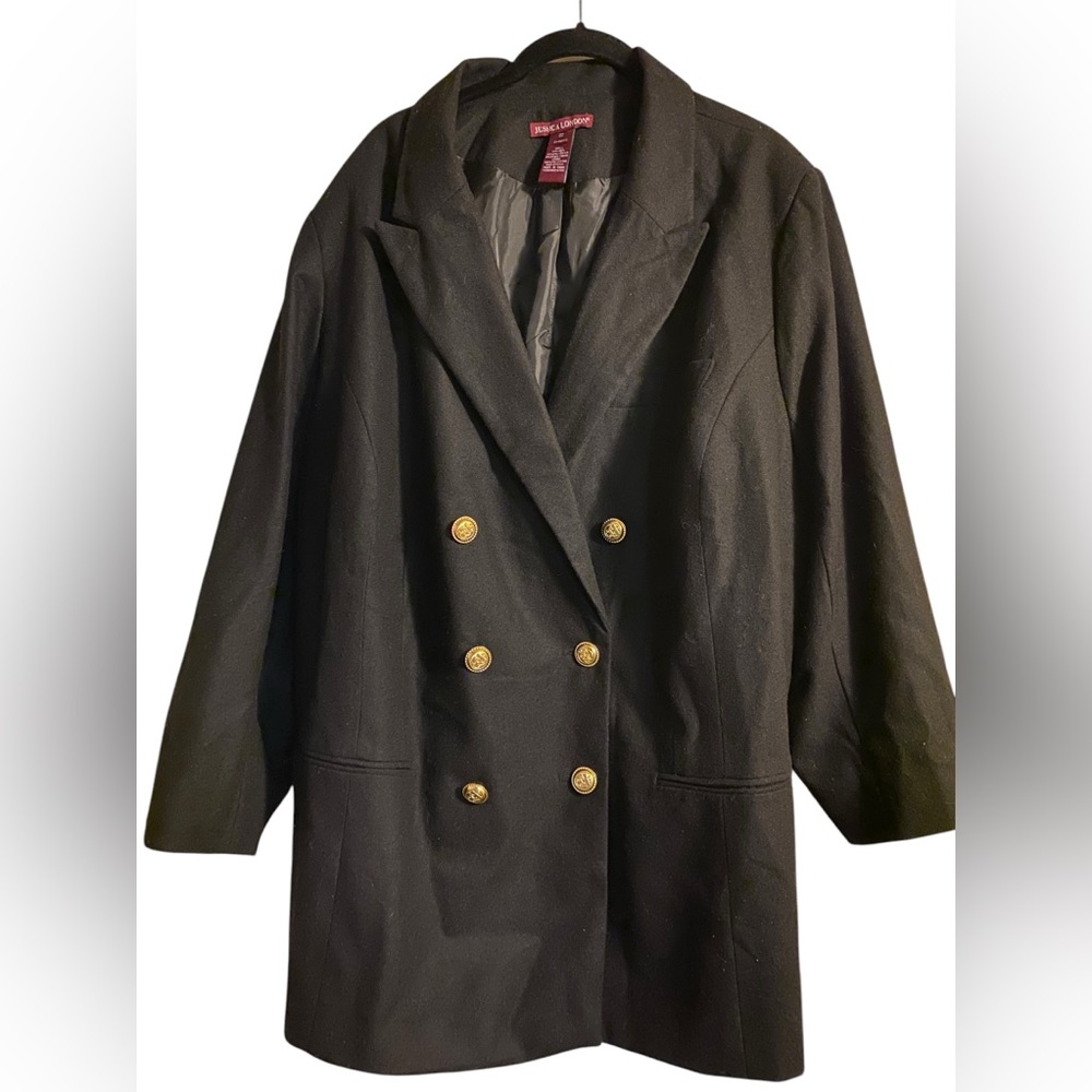 Jessica London Double Breasted Wool Blazer Suit Jacket WM 22 Black w Gold Button